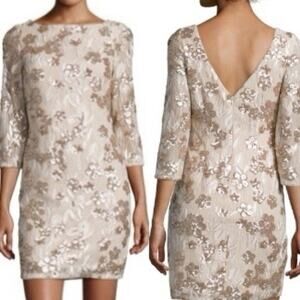AIDAN AIDAN MATTOX Floral-Embroidered Sequin Dress Cocktail Champagne Size 4